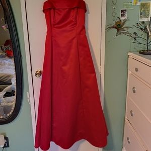 Strapless red floor length prom dress